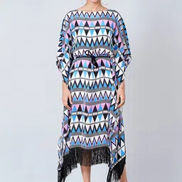 First Resort by Ramola Bachchan Women Blue & Black Geometric Printed Kaftan Midi Dress-picture-30