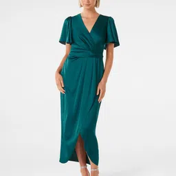 Forever New V-Neck Flared Sleeve Satin Wrap Dress-picture-17