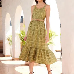 STREET 9 Olive Green & Beige Printed A-Line Midi Dress-image-14