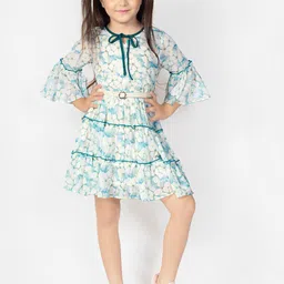 Naughty Ninos Green & White Floral Tie-Up Neck Georgette Dress-picture-44