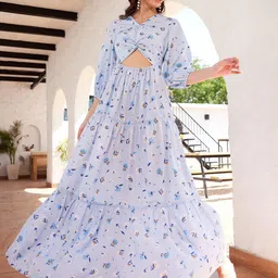 STREET 9 Floral Printed Puffed Sleeves Cut-Out Maxi Dress-image-31