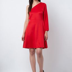 DODO & MOA Red One Shoulder Fit And Flare Dress-picture-8