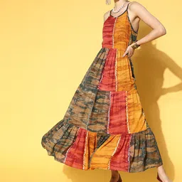 Yufta Women Mustard Yellow & Green Printed Shoulder Straps Maxi Dress-picture-23