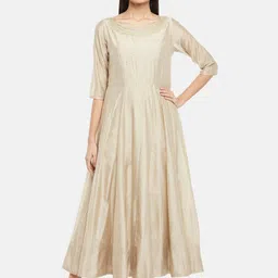 RANGMANCH BY PANTALOONS Beige Ethnic Motifs Embroidered Ethnic Maxi Ethnic Dress with Dupatta image 1