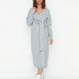 Trendyol Women Grey Solid Acrylic Wrap Dress-picture-26