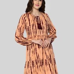 PRETTY LOVING THING Maroon & Peach-Coloured Printed Tie-Up Neck Tiered Dress-image-68