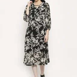 plusS Black & White Printed Monochrome Floral A-Line Midi Dress-image-52