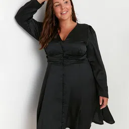 Trendyol Gathered Detailed Puff Sleeves Above Knee Fit & Flare Dress-picture-32