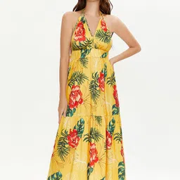 URBANIC Yellow Floral Halter Neck Back less Maxi Dress-picture-11