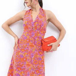 KETCH Floral Tie-Up Neck A-Line Dress-picture-14