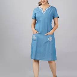 SUMAVI-FASHION Women Blue & White Linen Denim A-Line Dress-picture-21