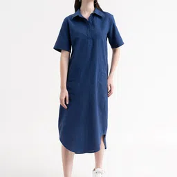 FableStreet Women  Navy Blue Linen Formal Shirt Midi Dress-image-20