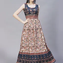 FASHOR Cream-Coloured & Blue Floral Ethnic Maxi Maxi Dress-picture-13