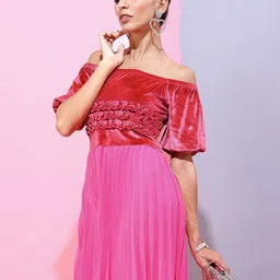 Tokyo Talkies Pink Velvet Off-Shoulder Dress-picture-41