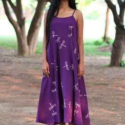 Chidiyaa Women Purple A-Line Cotton Midi Dress-picture-6