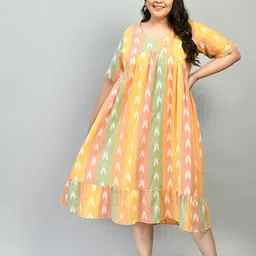 PrettyPlus by Desinoor.com Women Plus Size Yellow & White A-Line Midi Dress-image-44