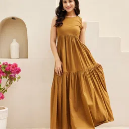 Ambraee Brown Sleeveless Tiered Cotton Maxi Dress-picture-24