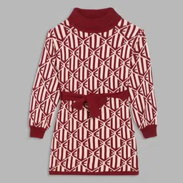 ELLE Girls Red & Cream Abstract Printed Sheath Cotton Dress-image-9