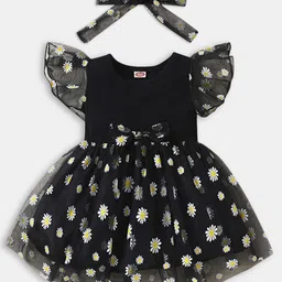 Hopscotch Girls Black Floral Printed Dress with Headband-picture-46