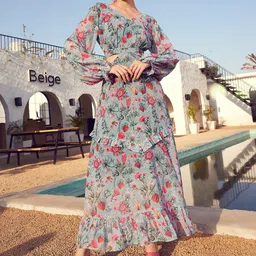 STREET 9 Green & Pink Floral Printed Bell Sleeve Maxi Dress-picture-32