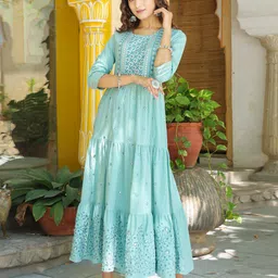 Yufta Sea Women Green Floral Embroidered Ethnic Maxi Dress-picture-17