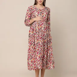NAYRA Beige & Red Floral Maternity A-Line Midi Dress-picture-30