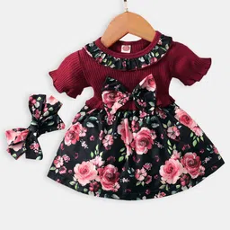 Hopscotch Red & Black Floral Dress with Headband-picture-15
