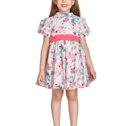 Peppermint Girls Floral Printed High Neck Puff Sleeves Gathered Fit & Flare Dress-picture-36