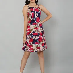 EZIS FASHION Women Cream & Pink Floral Printed Crepe A-Line Dress-picture-41