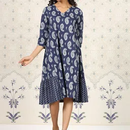 Ode by House of Pataudi Ethnic Motifs Printed V-Neck Pure Cotton A-Line Midi Ethnic Dress image 1
