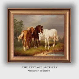 THE VINTAGE ARTISTRY Green & Brown Vintage Painting of A Group of Horses Framed Wall Art-picture-38