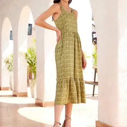 STREET 9 Olive Green & Beige Printed A-Line Midi Dress image 5