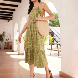 STREET 9 Olive Green & Beige Printed A-Line Midi Dress image 2