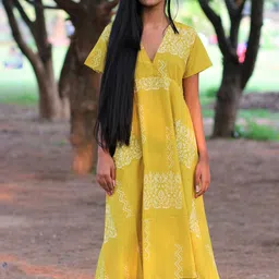 Chidiyaa Yellow & White Ethnic Motifs Empire Pure Cotton Midi Dress image 2