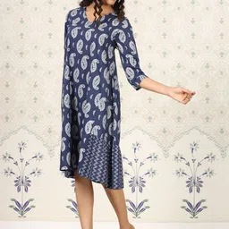 Ode by House of Pataudi Ethnic Motifs Printed V-Neck Pure Cotton A-Line Midi Ethnic Dress image 4