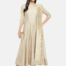 RANGMANCH BY PANTALOONS Beige Ethnic Motifs Embroidered Ethnic Maxi Ethnic Dress with Dupatta image 3