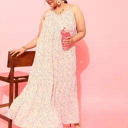 CURVY STREET Plus Size Peach-Coloured & White Floral Printed Shoulder Straps A-Line Dress image 3
