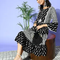 KALINI Striped Printed Tie-Up Neck Cotton A-Line Midi Dress image 4