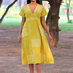 Chidiyaa Yellow & White Ethnic Motifs Empire Pure Cotton Midi Dress image 5