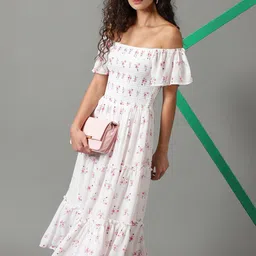 SHOWOFF Floral Printed Off-Shoulder Smocked Tiered Fit & Flare Midi Dress-picture-19