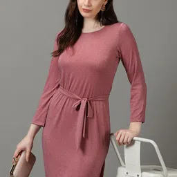 SHOWOFF Round Neck Striped A-Line Dress With Belt-picture-6