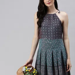 SHOWOFF Turquoise Blue Floral Printed Pleated Fit & Flare Dress-picture-45