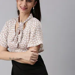 SHOWOFF Women Beige & Black Tie-Up Neck Blouson Dress-image-72