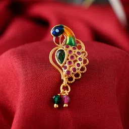 Silvermerc Designs Pink & Green Stone Studded Gold-Plated & Beaded Peacock Nose Stud-picture-34