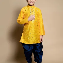 BAESD Boys Ethnic Motifs Embroidered Straight Mirror Work Dupion Silk Kurta with Patiala image 1