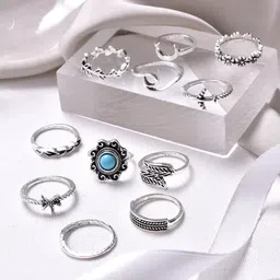 JOKER & WITCH Silver-Toned Set of 10 Oxidised Ryla Boho Rings-picture-41