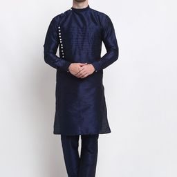 Benstoke Men Navy Blue Solid Angrakha Kurta with Pyjamas-picture-38
