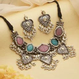 Saraf RS Jewellery Oxidised Rhodium-Plated Stone Studded & Beaded Jewellery Set image 1