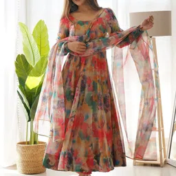 GRISHU COLLECTION Floral Printed Round Neck Anarkali Kurta With Trousers & Dupatta-image-21