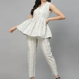 Stylum Off White Self Designed V-Neck Top & Trousers Co-Ord Set image 5